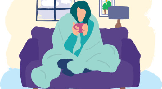 Illustration of a woman on a sofa, wrapped in a blanket holding a warm drink