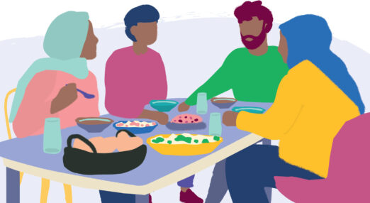 Illustration of a Muslim family talking over diner