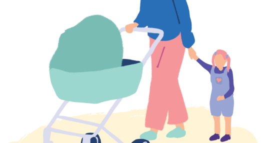 Illustration of woman pushing a pram while holding a small child by the hand.
